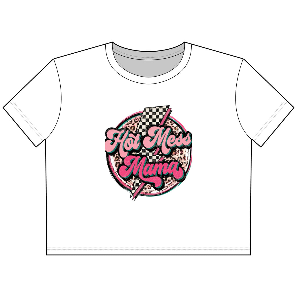 Hot Mess Mama Cropped Tee — Retro Pink Graphic Women's Crop Top